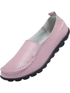 Women's 1 Pink Leather Loafers Slip On Comfortable Walking Driving Flats Shoes